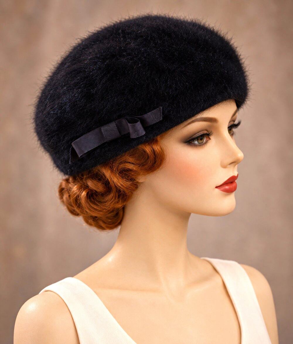 Vintage 1960s 1970s Kangol Black Angora Beret Hat w/ Bow | Made in England